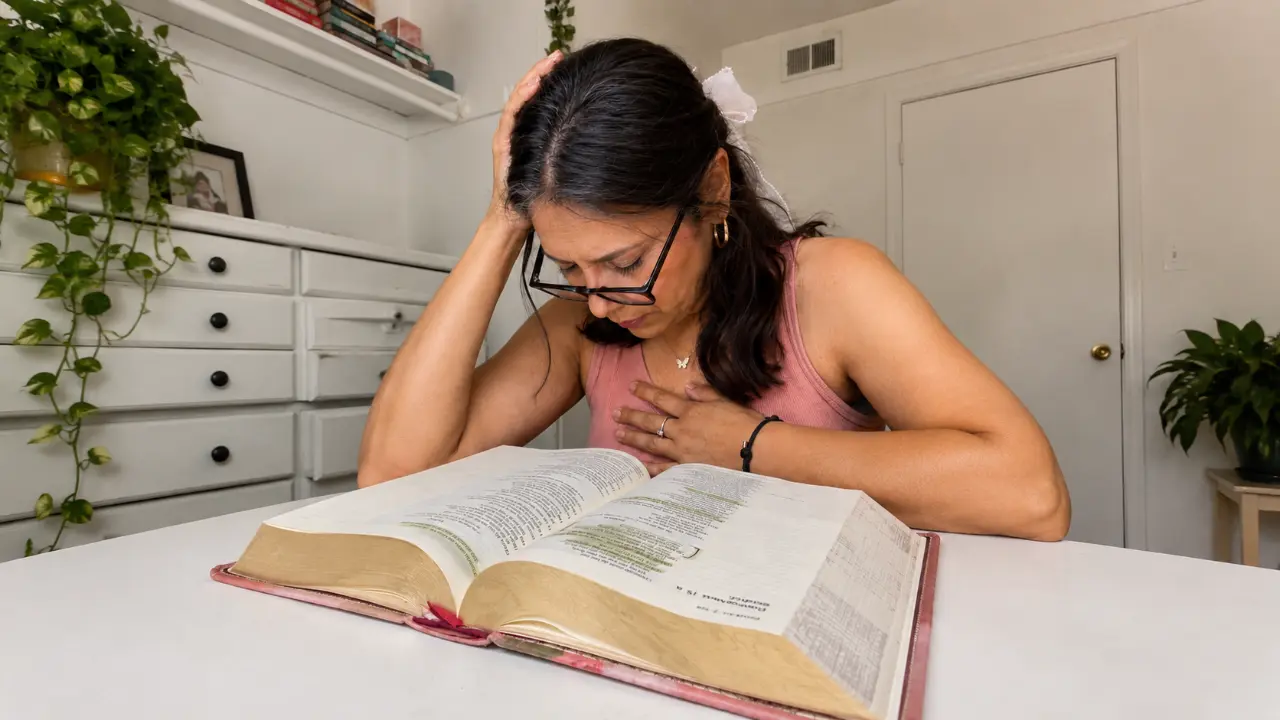 Mujer leyendo la Biblia con expresión pensativa